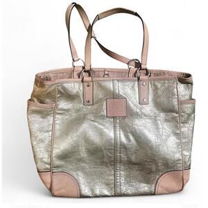 Coach Vintage Foil metallic gold tote Bag Shoulder Bag Pink leather trim 26141E